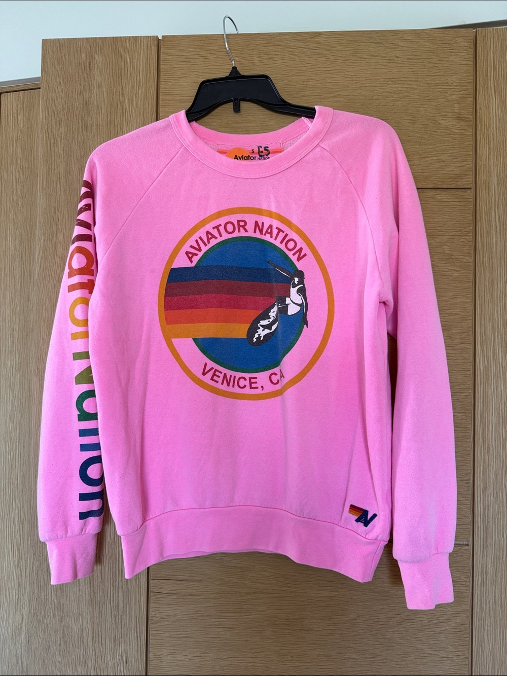 Aviator Nation Pink Crewneck with Rainbow Logo